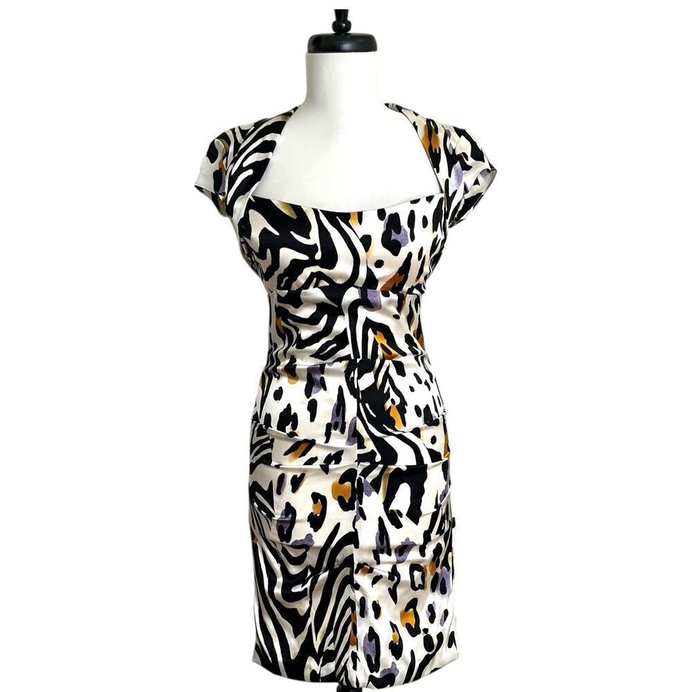 90s Cache Silk Cheetah Leopard Dress 4 Bodycon Animal Cocktail Party - Picture 12 of 14
